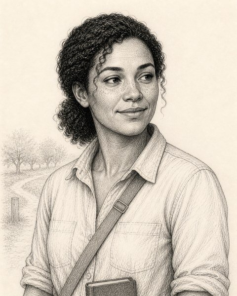Hand-sketched portrait of Mara Vale