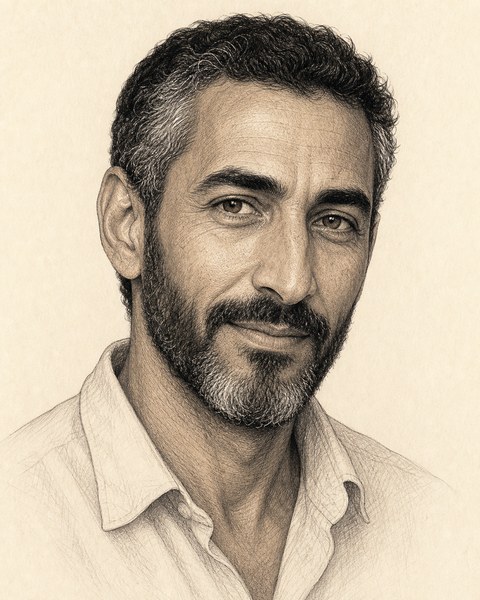 Hand-sketched portrait of Idris Benali