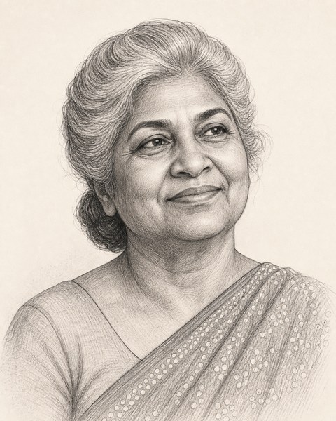 Hand-sketched portrait of Asha Patel