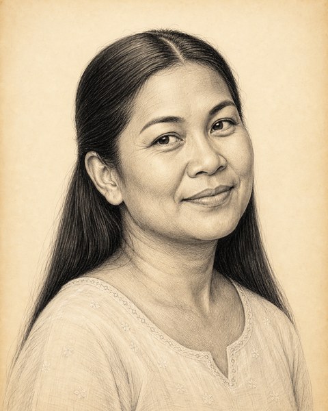 Hand-sketched portrait of Lila Santos