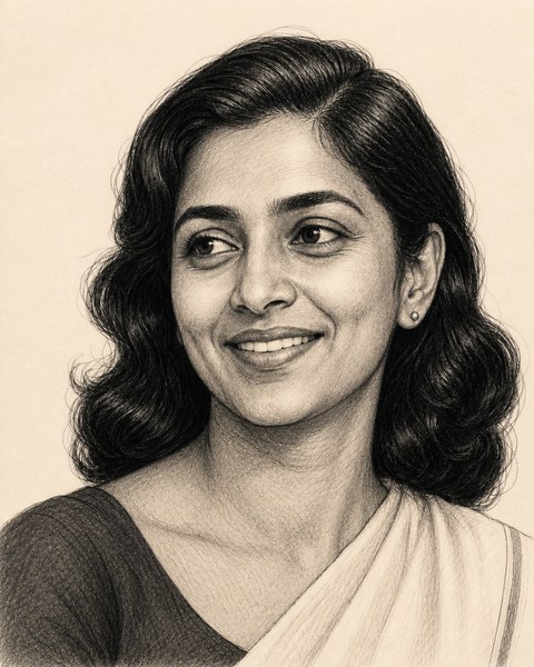 Hand-sketched portrait of Priya Nair