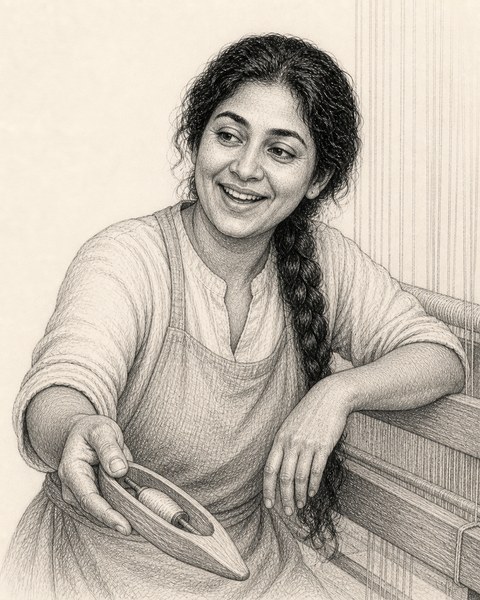 Hand-sketched portrait of Samira the Weaver