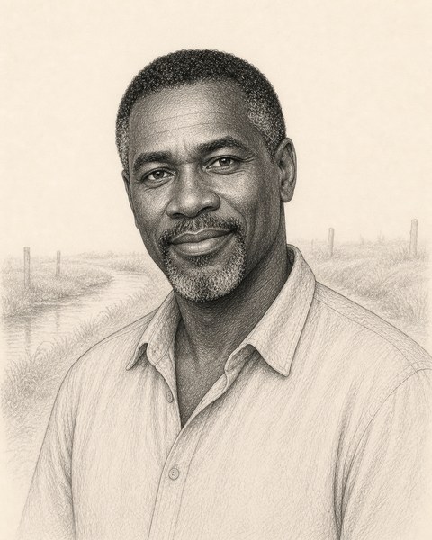 Hand-sketched portrait of Kofi Mensah