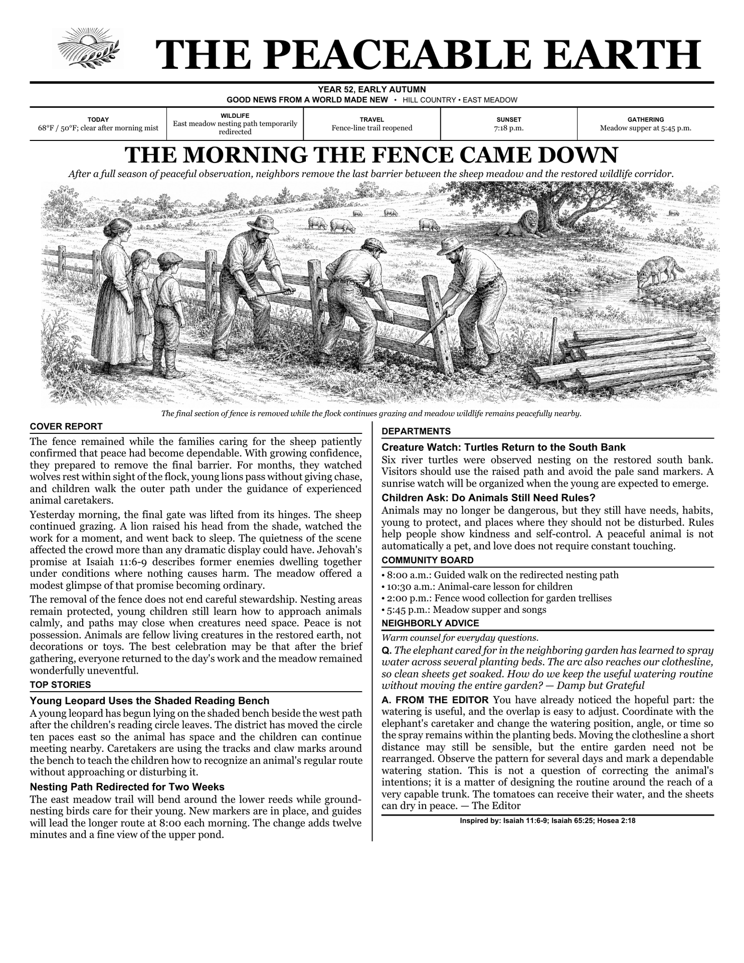 The Morning the Fence Came Down, Volume 1 Issue 4: neighbors remove a meadow fence while animals rest nearby